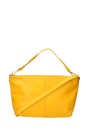 Borsa a mano in pelle gialla con una texture liscia, dotata di una tracolla removibile e di un manico superiore. Nessun motivo visibile o dettagli in hardware.