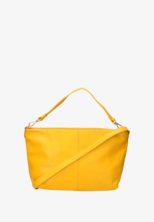 Gelbe Ledertasche mit glatter Textur, ausgestattet mit einem abnehmbaren Schultergurt und einem oberen Griff. Keine sichtbaren Muster oder Hardware-Details.
