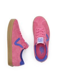 Pink suede sneakers with blue leather accents, round toe, and rubber outsole. Features flat laces and a branded tongue label.