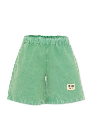 Zielone szorty z elastycznym pasem, o wyblakłej fakturze, z małą prostokątną naszywką "Bobo Choses Since '99" na prawej dolnej nogawce.
