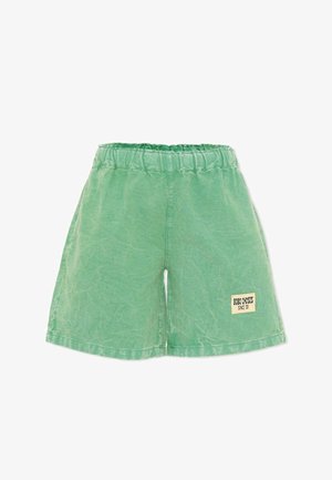 Groene shorts met elastische taille, een vervaagde textuur en een klein rechthoekig "Bobo Choses Since '99"-patch op het rechteronderbeen.