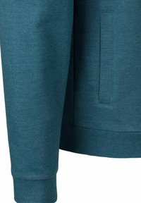 Sudadera azul verdoso con un tejido suave y texturizado, mangas largas y un bolsillo lateral. El dobladillo y los puños son de canalé para un detalle adicional.