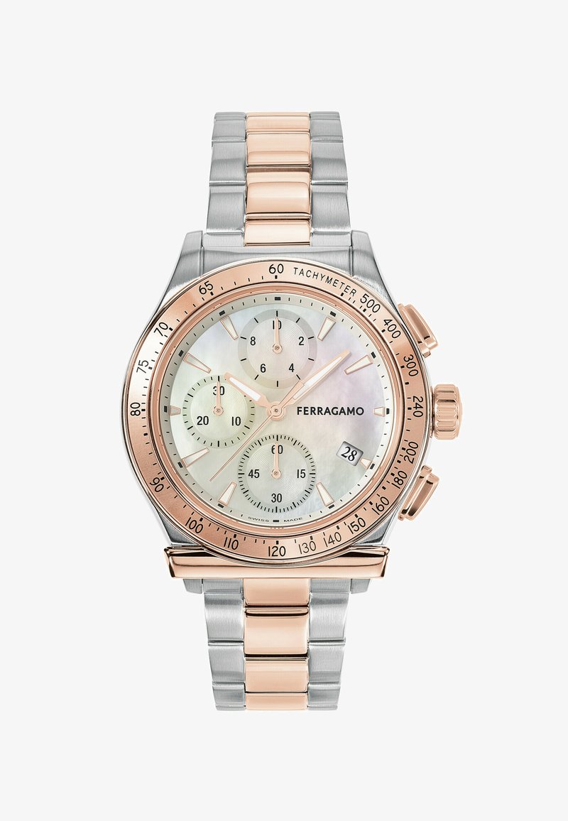 Hronogrāfiskās pulksteņu ar nerūsējošā tērauda un rozā zelta rokām. Apaļa korpusa, mātes pērļu ciparnīca, trīs subciparnīcas, datums, takimetrs.