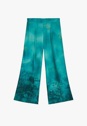 Turquoise wide-leg pants in smooth fabric, featuring a subtle floral pattern and gradient texture, with a high waist design.