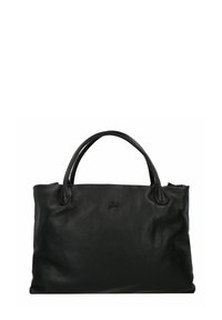 Zwarte lederen tote bag met twee handvaten, een gestructureerde oppervlakte, een gegraveerd logo op de voorkant en een ritsluiting aan de bovenkant.