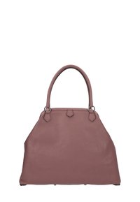 Sac à main en cuir couleur mauve doux, avec un design structuré, deux poignées rondes, et une finition subtilement texturée. Accents en métal argenté inclus.