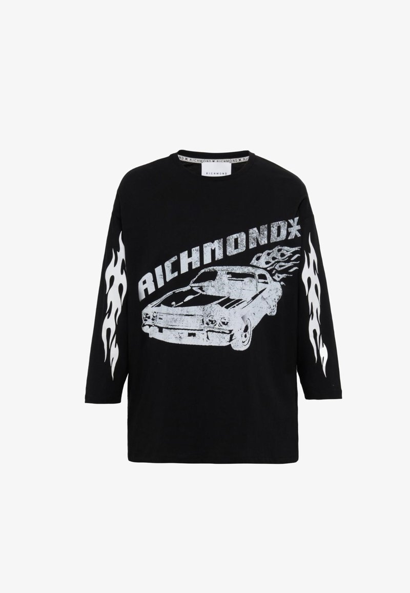 Maglietta nera a maniche lunghe con grafica di un'auto retro bianca e il testo "RICHMOND" sul petto, con design di fiamme bianche su entrambe le maniche.