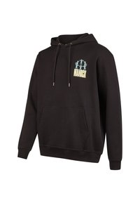 Black hoodie with a front pocket, drawstring hood, and a multicolored "MANICX" logo on the chest. Smooth fabric with a relaxed fit.