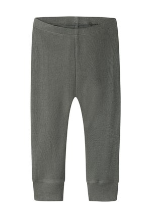 Bløde, ribstrikkede mørkegrå leggings til småbørn med elastik i taljen og manchetter ved anklerne, vist fladt på en hvid baggrund.