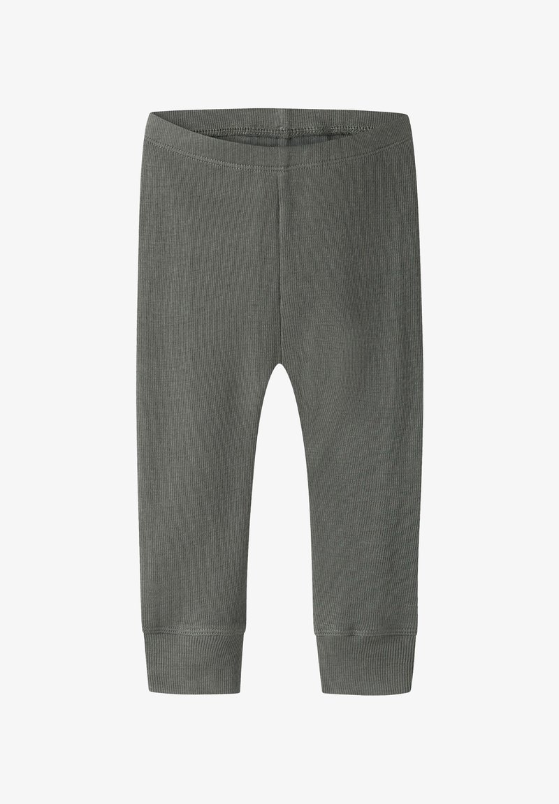 Leggings doux en maille côtelée gris foncé pour tout-petit avec une taille élastique et des chevilles bordées, présentés à plat sur fond blanc.