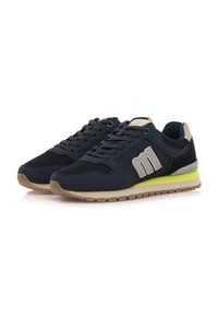 Marine-Laufschuhe mit Obermaterial aus Mesh und Textil, hellgrauen Akzenten, einer gepolsterten Sohle mit einem limegrünen Streifen und strukturiertem Profil.