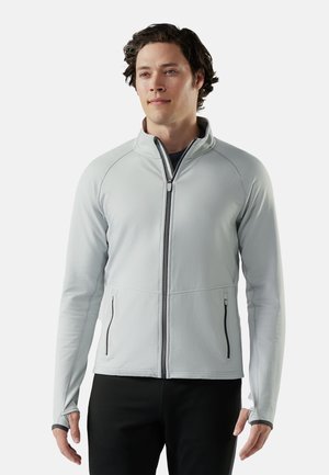 Giacca in fleece grigia chiara con zip, collo alto, zip nere a contrasto, tasche laterali e polsini con foro per il pollice, realizzata in materiale morbido.