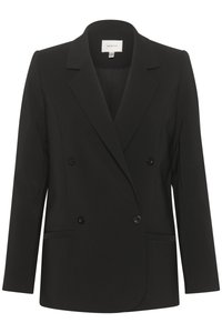Černý dvouřadý blazer s přiléhavým střihem, klopovým límcem, dvěma předními kapsami a černými knoflíky. Hladká tkanina s jednoduchým designem.