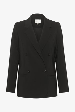 Crni dvostruko kopčani sako s prilagođenim krojem, rever ovratnikom, dva prednja džepa i crnim gumbima. Glatka tkanina s jednostavnim dizajnom.