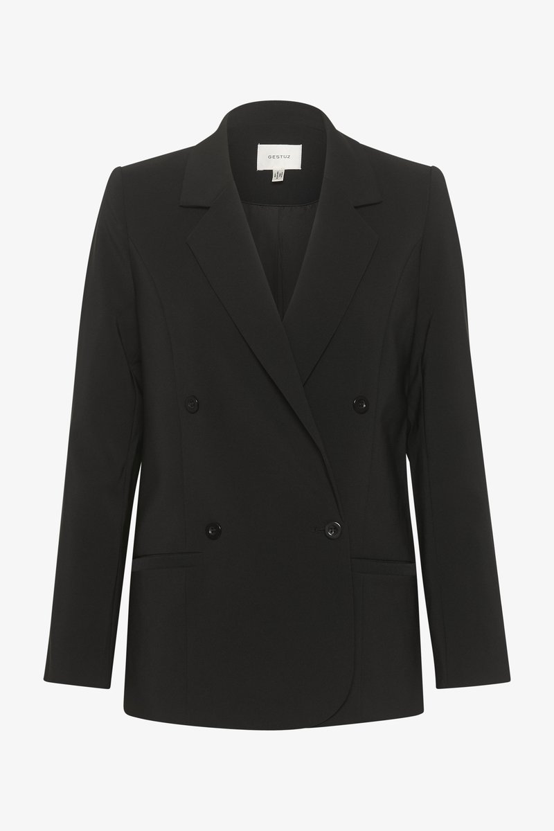 Sort dobbeltbrystet blazer med skræddersyet pasform, reverskrave, to forlommer og sorte knapper. Glat stof med et enkelt design.