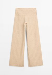 Beige wijde broek van lichtgewicht stof, met een hoge tailleband en subtiele verticale strepen. Zachte textuur door het geheel.