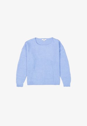 Suéter azul claro hecho de material suave, con un escote redondo, hombros caídos y puños y dobladillo acanalados.