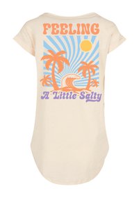 Light beige t-shirt with short sleeves, featuring a colorful graphic of palm trees, a sun, and text "Feeling A Little Salty" in orange and purple.