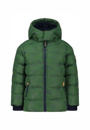 Grüne Pufferjacke mit gemusterter Oberfläche, Kapuze, Frontreißverschluss und navy Akzenten, ausgestattet mit zwei Taschen an den Seiten und gerippten Bündchen.