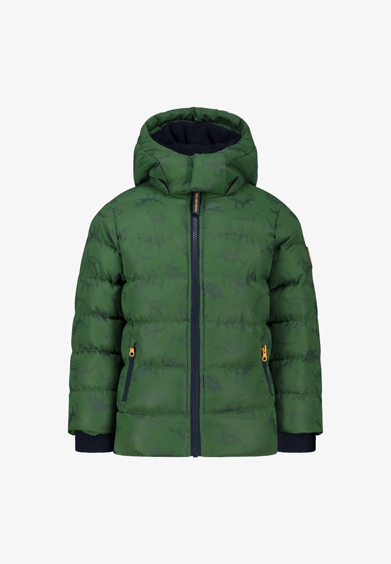 Grüne Pufferjacke mit gemusterter Oberfläche, Kapuze, Frontreißverschluss und navy Akzenten, ausgestattet mit zwei Taschen an den Seiten und gerippten Bündchen.