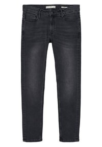 Jean noir slim en denim avec une texture lisse, un design à cinq poches, des détails d'effilochage subtils, et une braguette zippée avec une fermeture à bouton.