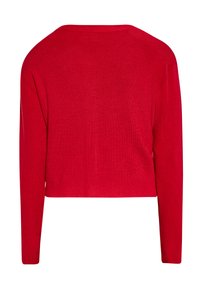 Maglione corto rosso, tessuto lavorato a maglia, maniche lunghe, scollatura rotonda ampia, texture liscia, colore uniforme, senza motivi o dettagli visibili.
