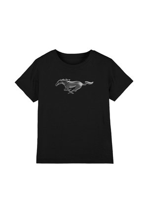 Black short-sleeve t-shirt with a silver running horse graphic centered on the chest.