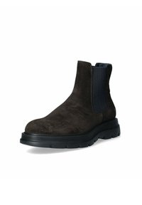 Stivale alla caviglia in suede marrone con pannelli laterali elasticizzati e una robusta suola in gomma nera. Caratterizzato da una punta arrotondata e una superficie superiore testurizzata.