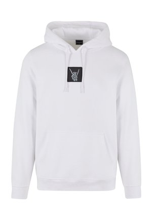 White hoodie made of cotton blend fabric with a front kangaroo pocket, featuring a black rectangular patch with a skeleton hand graphic.