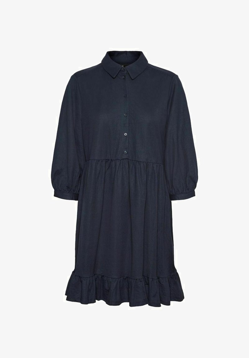 Robe bleu marine foncé avec manches longues bouffantes, fermeture boutonnée devant, col, taille froncée et ourlet volanté.