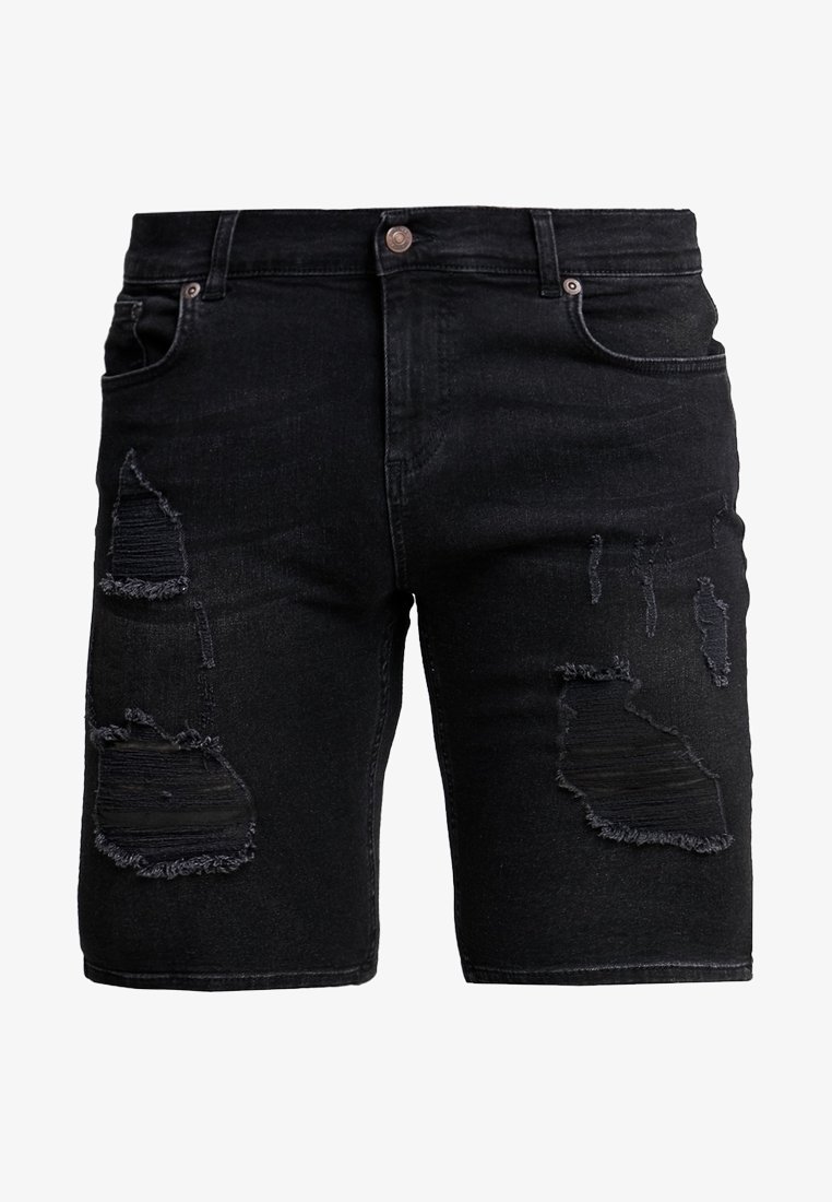 Shorts en denim noir avec des patchs usés sur le devant des cuisses, fermeture par boutons à l'avant, et design à cinq poches.