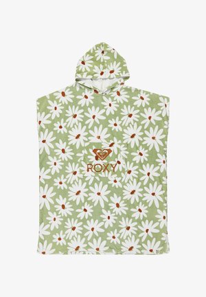 Vihreä huppupyyhe, jossa on valkoisia päivänkakkaroita ruskeilla keskustoilla. Etutaskussa on oranssi "ROXY"-logo. Pehmeä ja tekstuurinen kangas.