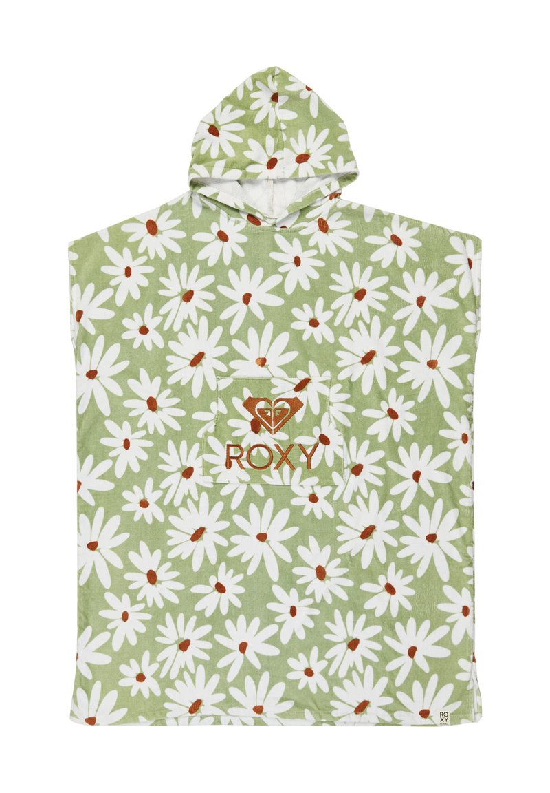 Grüner Kapuzenponcho-Handtuch mit weißen Gänseblümchen und braunen Mittelpunkten, ausgestattet mit einer Vordertasche, die das "ROXY"-Logo in Orange zeigt. Weicher, strukturiert Stoff.
