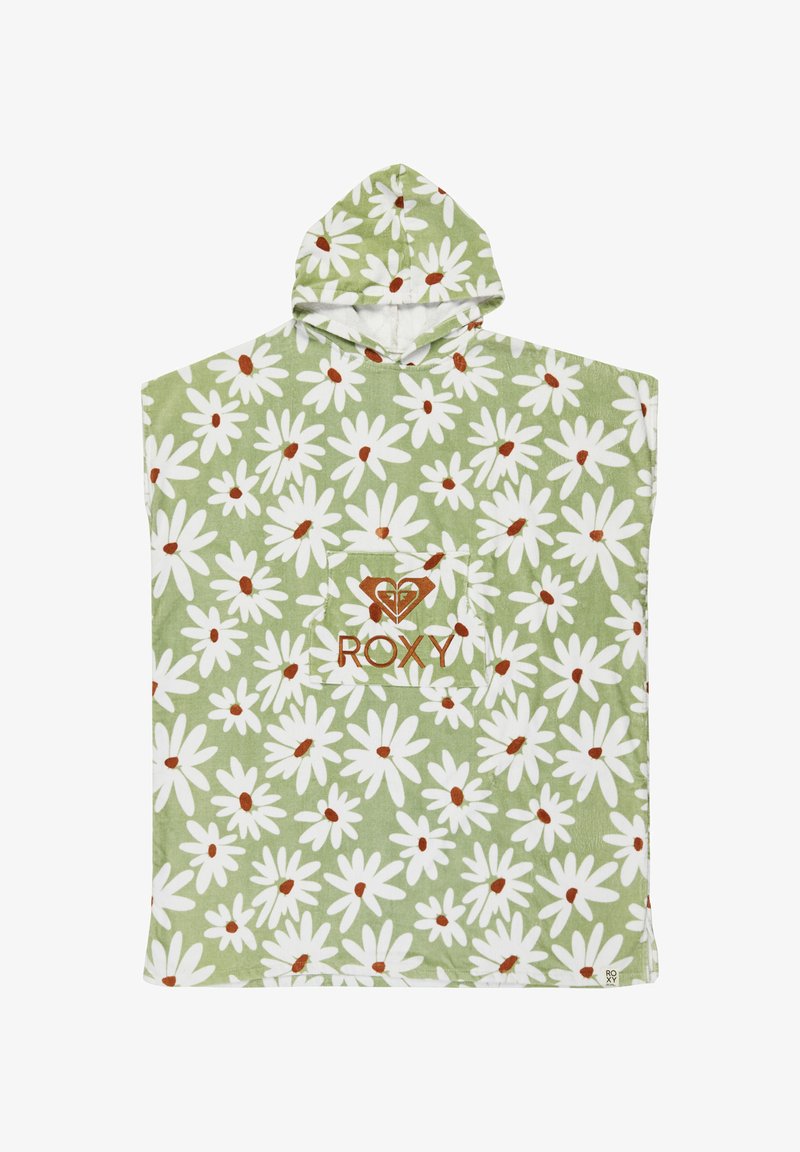 Grüner Kapuzenponcho-Handtuch mit weißen Gänseblümchen und braunen Mittelpunkten, ausgestattet mit einer Vordertasche, die das "ROXY"-Logo in Orange zeigt. Weicher, strukturiert Stoff.
