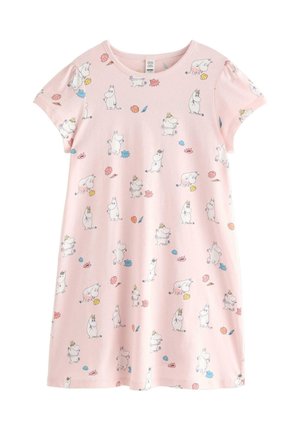 Lyserød kortærmet kjole med tegneserieflodheste og farverige muslinger trykt over det hele.