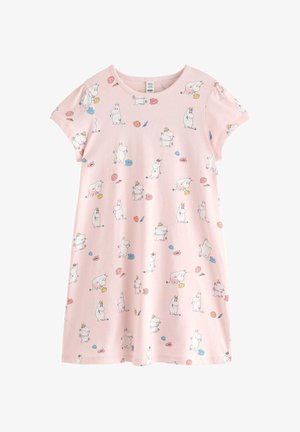 Vaaleanpunainen lyhythihainen mekko, jossa on piirrosmainen virtahepohahmo ja värikkäitä simpukoita painettuna kauttaaltaan.