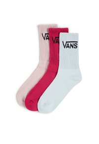 Tre par ribbade strumpor i rosa, röd och ljusblå, med en svart "VANS"-logotyp på kanten av de blå och röda paren.