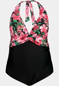 Maillot de bain floral avec un bas noir, orné de fleurs roses et vertes. Design à col halter avec une taille froncée et un dos réglable à nouer.