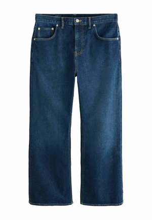 Proste dżinsy w ciemnoniebieskim kolorze z przodu zapinane na guziki i zamek błyskawiczny, posiadające pięć kieszeni, pokazane rozłożone na białym tle.