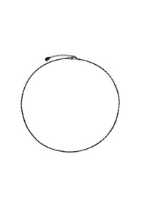 Collana in metallo nero con un design sottile e attorcigliato, dotata di chiusura a catena. Presenta una lunghezza regolabile con un piccolo gancio decorativo.