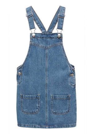 Sukienka ogrodniczka z denimu z regulowanymi ramiączkami na ramiona, przednią kieszenią typu bib, dwoma przednimi naszywanymi kieszeniami oraz bocznymi zapięciami na guziki.