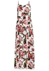 Blommig maxiklänning med spagettiband, tillverkad av lättviktig tyg. Har stora rosa och gröna blommönster på en vit bakgrund.