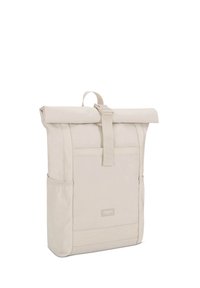 Beige roll-top backpack with front buckle, side mesh pockets, and front label on a plain white background.
