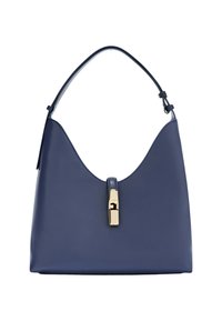 Borsa a tracolla in pelle blu navy con un manico superiore e una chiusura a morsetto in metallo dorato al centro della parte anteriore.