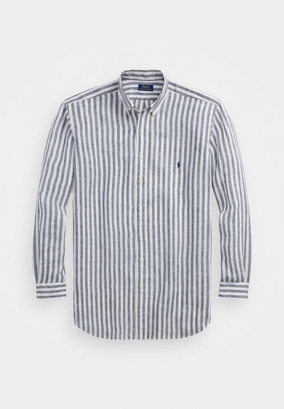 Striped button-up shirt in blue and white linen, featuring a pointed collar, long sleeves, and a small logo on the chest.