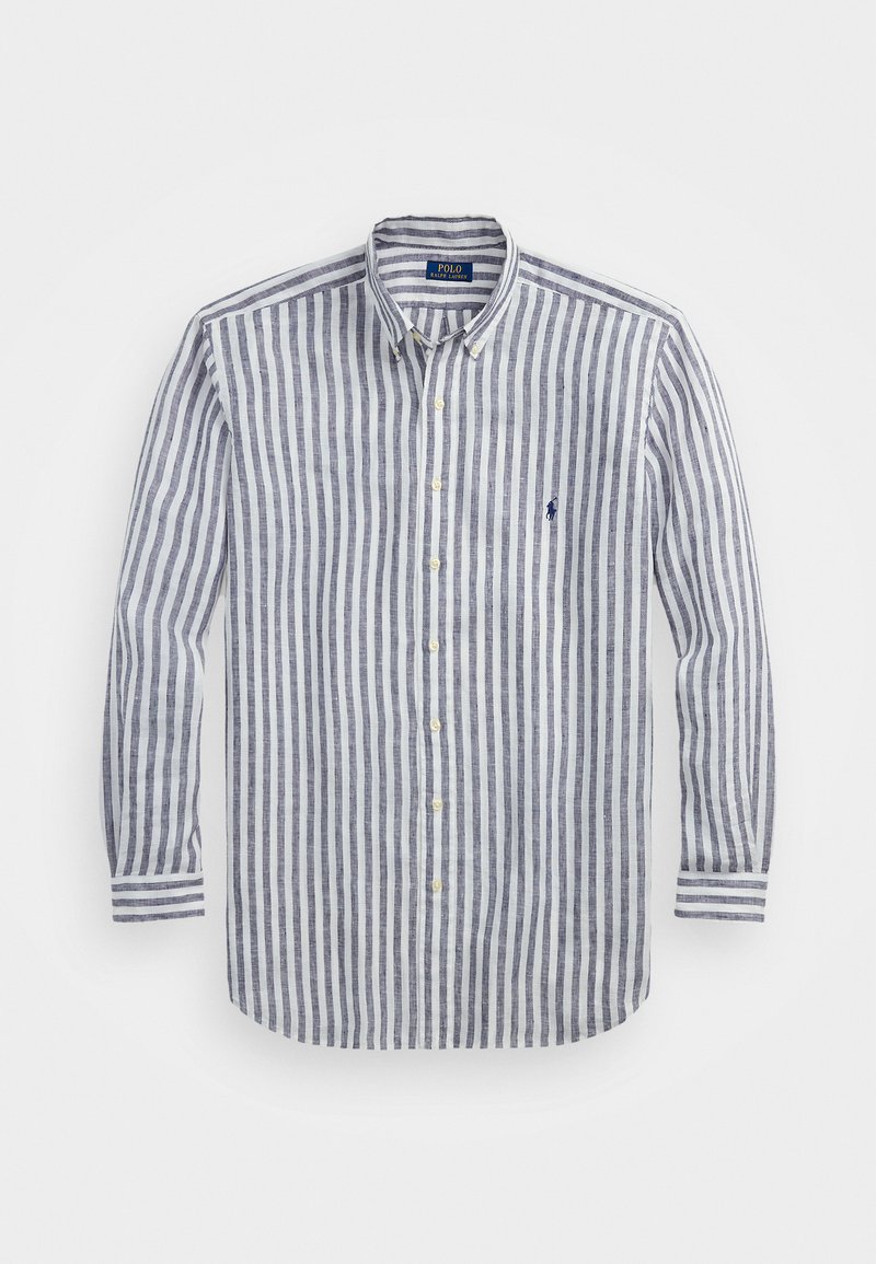 Striped button-up shirt in blue and white linen, featuring a pointed collar, long sleeves, and a small logo on the chest.