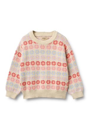 Cremefarbener Strickpullover mit pinken, roten, blauen und gelben Blumenmustern in horizontalen Reihen, geripptem Kragen, Bündchen und Saum.