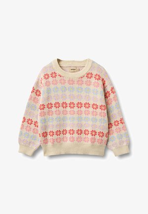 Pull en tricot de couleur crème avec des motifs floraux rose, rouge, bleu et jaune en rangées horizontales, col, poignets et ourlet côtelés.