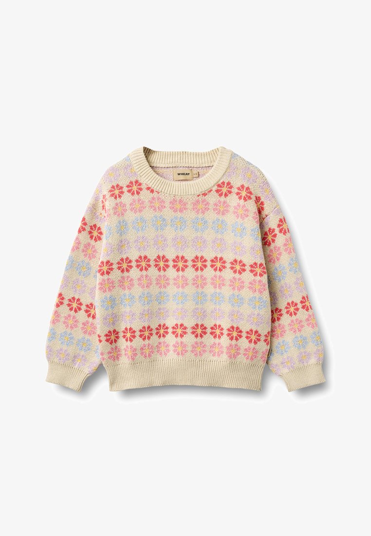Pull en tricot de couleur crème avec des motifs floraux rose, rouge, bleu et jaune en rangées horizontales, col, poignets et ourlet côtelés.