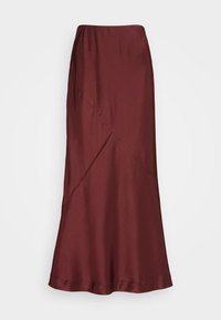 Fustă midi din satin bordeaux cu o textură netedă, având un design asimetric și o talie ajustată pentru o siluetă elegantă.